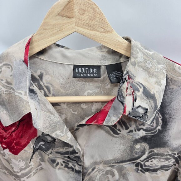 Additions by Chico's Cream Gray Red Roses Button Down Long Sleeved Shirt 0/XS - Picture 11 of 11